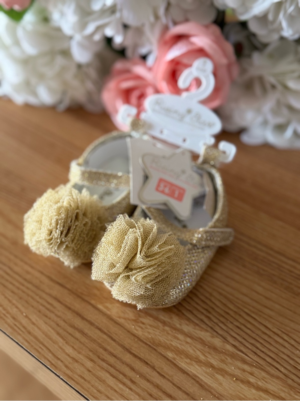 Rising Star Gold Glitter Baby Pom Pom Mary Jane Shoes